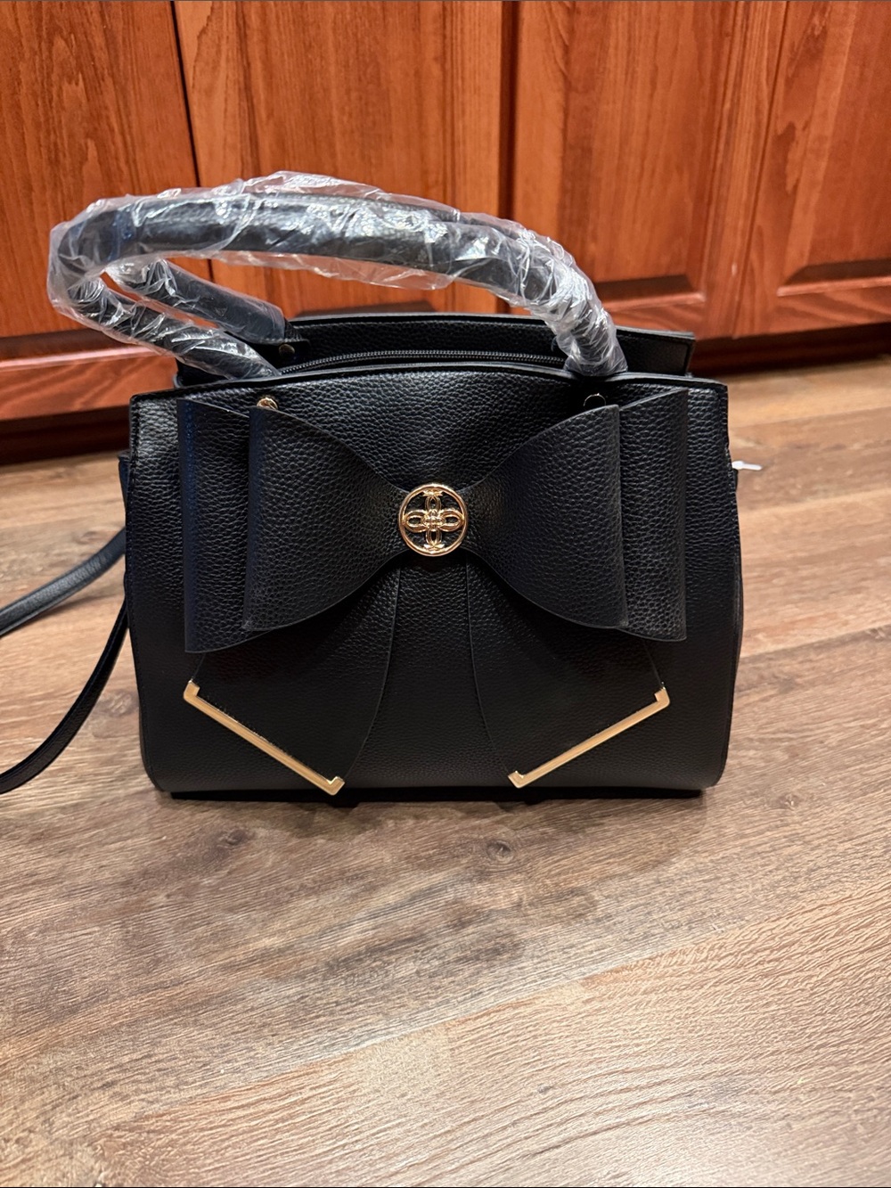 Bow-Accent Structured Satchel in Black with Gold Hardware, NWOT